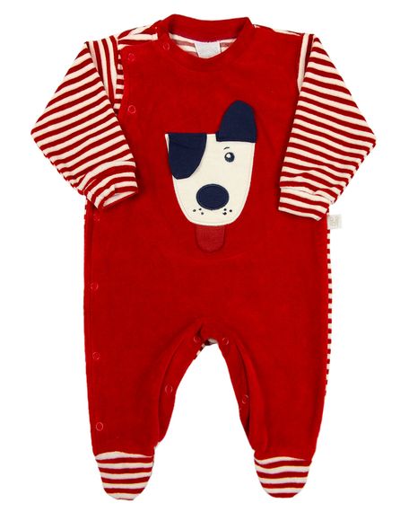 Macacao Bebe Menino Plush Liso e Listrado Bordado Cachorro - Vermelho M