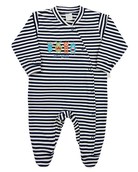 Macacao Bebe Menino Cotton Listrado Bordado Mosnstrinhos - Marinho RN