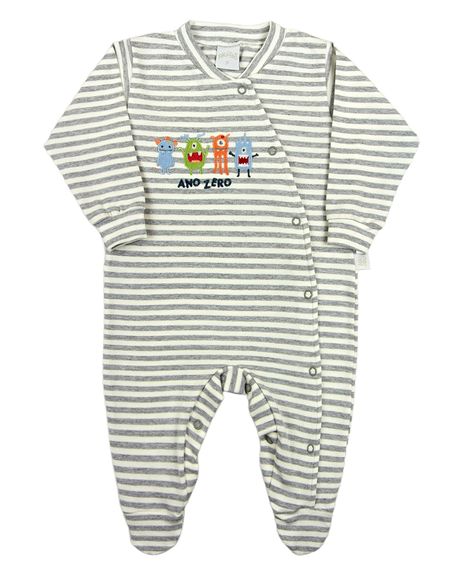 Macacao Bebe Menino Cotton Listrado Bordado Mosnstrinhos - Mescla RN