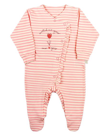 Macacao Bebe Menina Cotton Listrado Bordado Tulipa - Rosa P