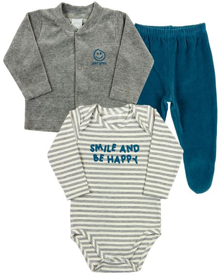 Conjunto Bebê Inverno Casaco Body e Calça Plush e Cotton Listrado Smile And Be Happy - Mescla RN