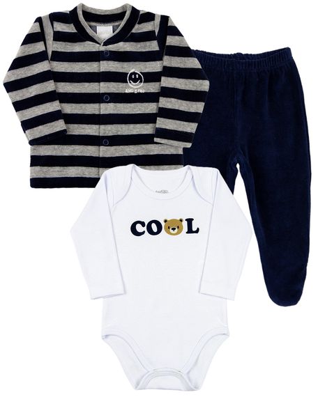 Conjunto Bebê Inverno Casaco Plush Listrado Calça Plush e Body Suedine Silk Screen Cool - Marinho RN