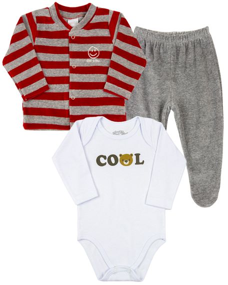 Conjunto Bebê Inverno Casaco Plush Listrado Calça Plush e Body Suedine Silk Screen Cool - Vermelho G