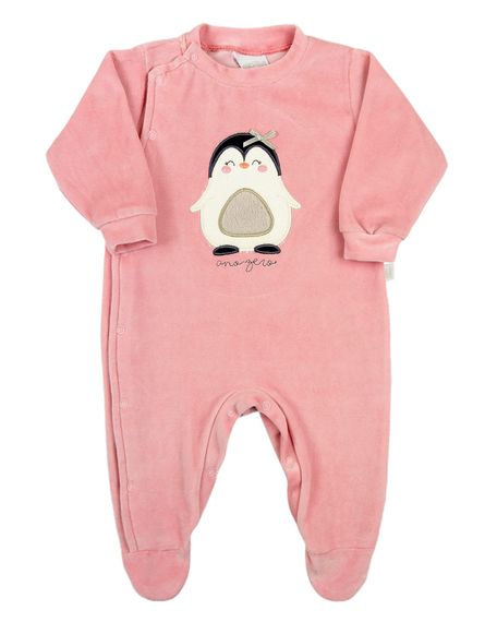 Macacao Bebe Plush Menina Bordado Pinguim com Lacinho - Salmão M