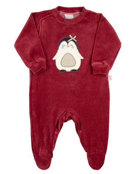 Macacao Bebe Plush Menina Bordado Pinguim com Lacinho - Bordo RN