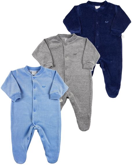 Macacão Bebê Plush Kit 3 Peças Básicas Pijama Bebê Menino - Azul P