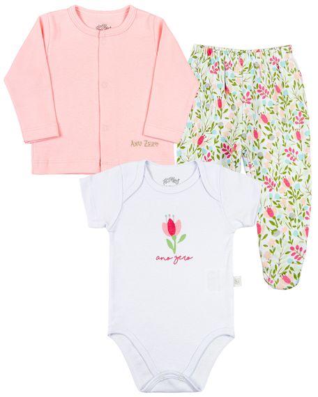 Conjunto Bebê Suedine Liso e Suedine Estampado Folhagem - Rosa M