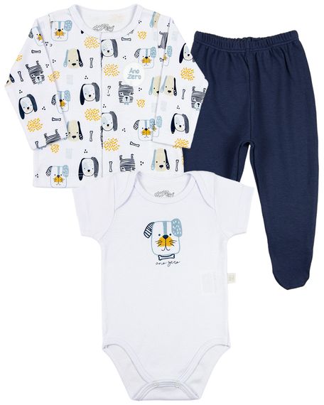 Conjunto Bebê Suedine Estampado e Suedine Liso Cachorrinhos - Branco P