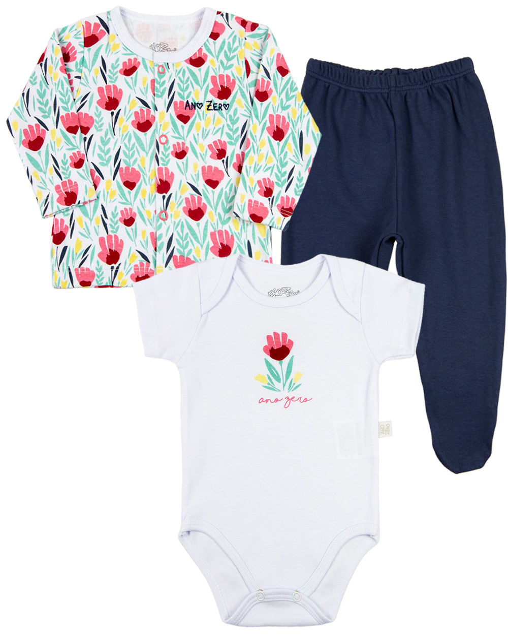 Conjunto Bebê Suedine Estampado e Suedine Liso Tulipas - Branco