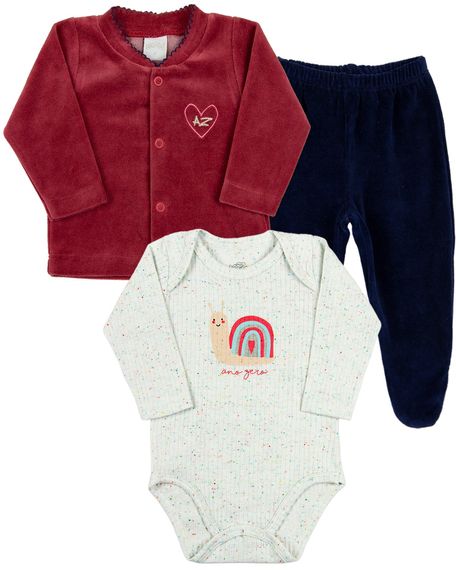 Conjunto Bebê Inverno Casaco Body e Calça Plush e Malha Canelada Caracol - Bordo P