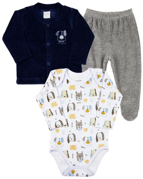 Conjunto Bebê Inverno Casaco Body e Calça Plush e Suedine Estampado Cachorrinhos - Marinho G