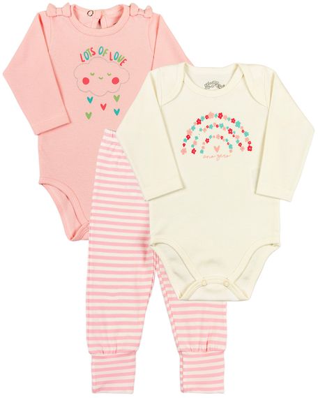 Kit Body e Calça Culote Bebê Menina Suedine Piquet e Cotton Listrado Flores - Rosa RN