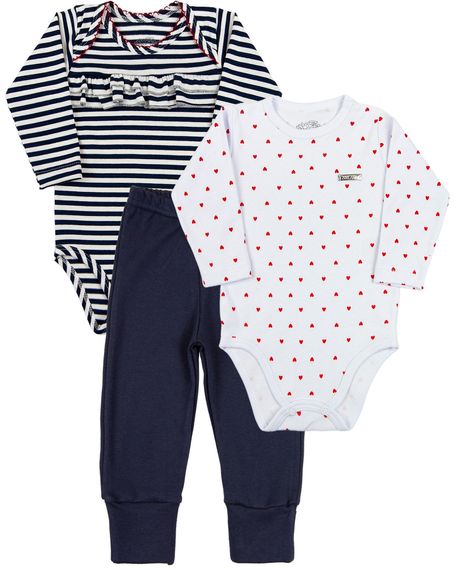 Kit Body e Calça Culote Bebê Menina Cotton Listrado e Suedine Estampado Corações - Marinho M