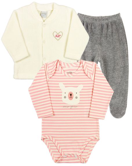 Conjunto Bebê Menina Inverno Casaco de Pele Body Cotton e Calça de Plush Coelhinha - Rosa M