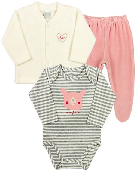 Conjunto Bebê Menina Inverno Casaco de Pele Body Cotton e Calça de Plush Coelhinha - Mescla RN