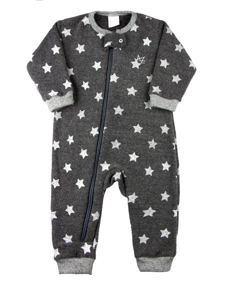 Macacão Bebê com Zíper Matelassê Reciclato Estampado Estrelas - Preto G
