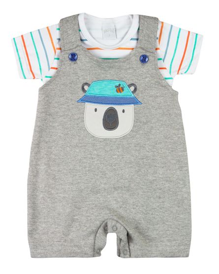 Macacao-Bebe-Curto-Menino-Salopete-Suedine-Com-Camiseta-de-Cotton-Listrado-Bordado-Ursinho-de-Chapeu-Mescla-10122