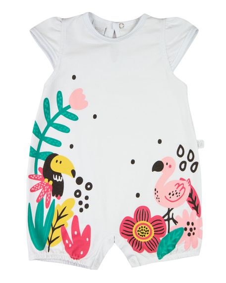 Macacão Bebê Menina Verão Sem Mangas Cotton Silk Screen Tucano e Flamingo - Branco M