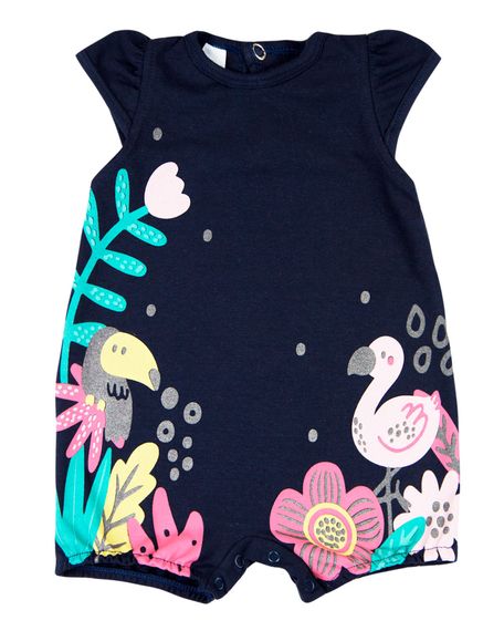 Macacão Bebê Menina Verão Sem Mangas Cotton Silk Screen Tucano e Flamingo - Marinho P