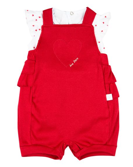 Macacão Bebê Menina Verão Salopete Malha Canelada e Cotton Estampado Bordado Coração - Vermelho P