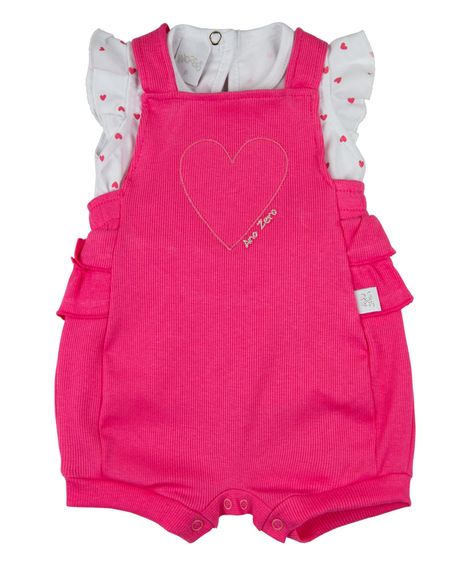 Macacão Bebê Menina Verão Salopete Malha Canelada e Cotton Estampado Bordado Coração - Pink P
