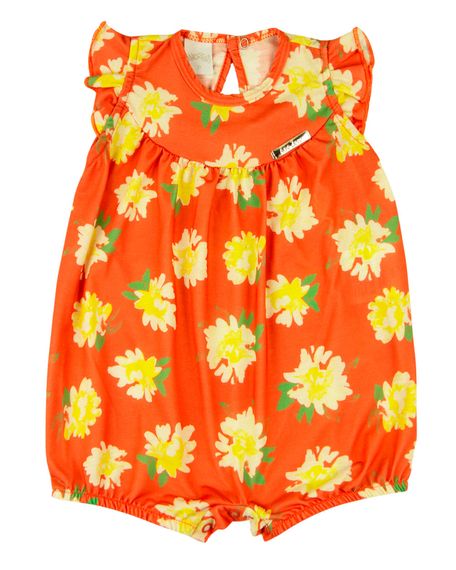 Macacão Bebê Menina Verão Manga Cavada Microfibra Estampada Floral - Laranja P