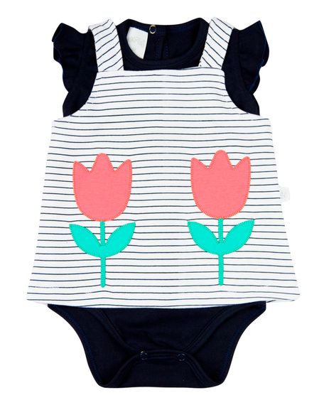 Vestido Bebê Menina Verão Salopete e Body Cotton com Bordados Aplicados de Tulipas - Marinho GG