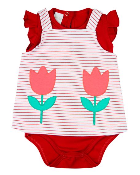 Vestido Bebê Menina Verão Salopete e Body Cotton com Bordados Aplicados de Tulipas - Vermelho GG