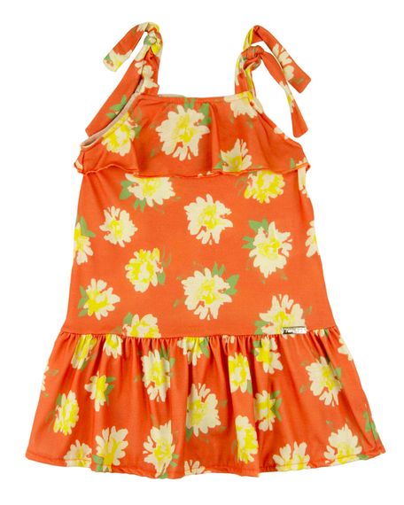 Vestido Infantil Verão Sem Mangas Microfibra Estampa Digital Floral - Laranja 3