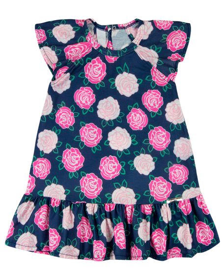 Vestido Infantil Verão Manga Cavada Microfibra Estampa Digital Rosas - Marinho 3