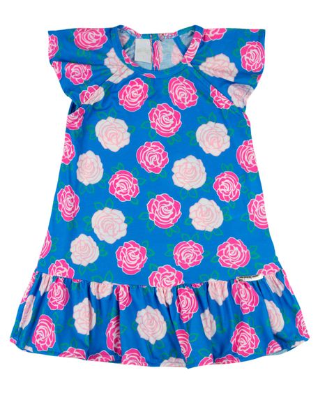 Vestido Infantil Verão Manga Cavada Microfibra Estampa Digital Rosas - Azul 1