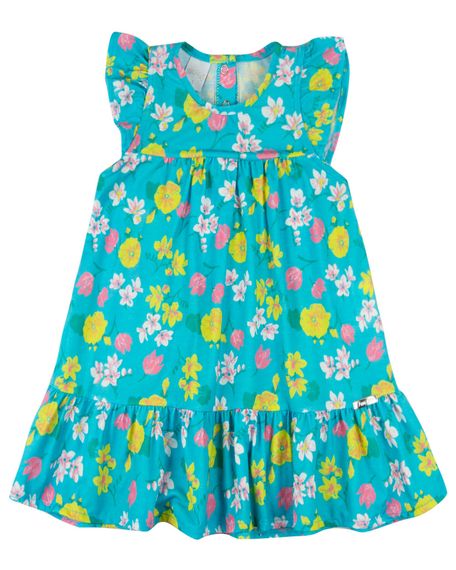 Vestido Infantil Verão Manga Cavada Microfibra Estampa Digital Floral - Turquesa 3