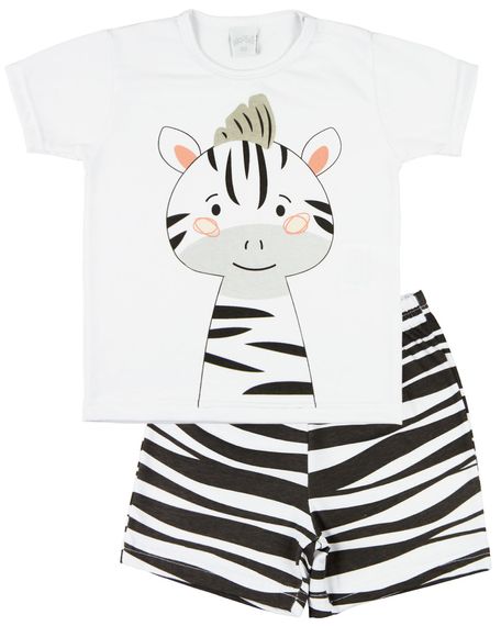 Pijama Curto Menino Infantil 10 Meses a 4 Anos Cotton Fino Verão Manga Curta Bichinhos - Branco 1