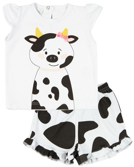 Pijama Curto Menina Infantil 10 Meses a 4 Anos Cotton Fino Verão Manga Curta Bichinhos - Branco 1