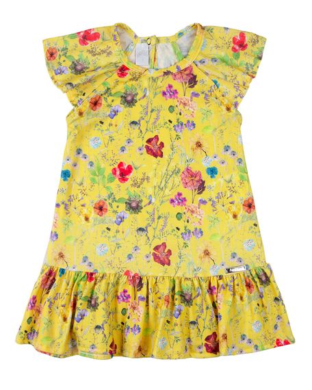 Vestido Infantil Verão Manga Cavada Microfibra Estampa Digital Rosas - Amarelo 1