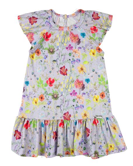 Vestido Infantil Verão Manga Cavada Microfibra Estampa Digital Rosas - Lilas 2