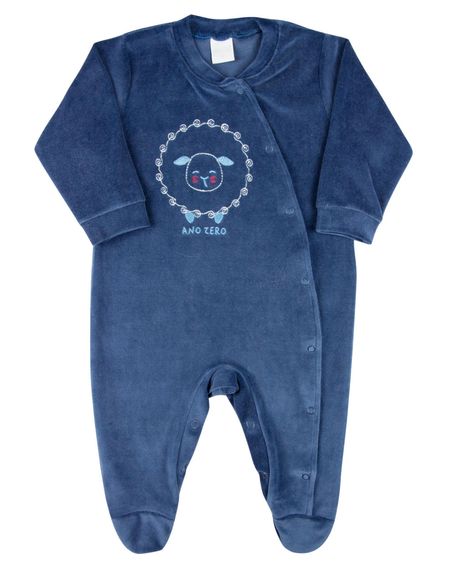 Macacão Bebê Masculino Plush com Pezinho Bordado Ovelhinha - Azul Jeans M
