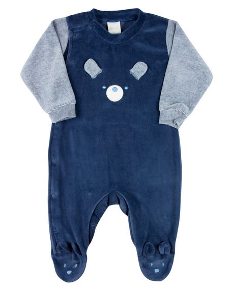 Macacao Bebe Plush Menino Bordado Ursinho Orelhas Soltas - Azul Jeans RN