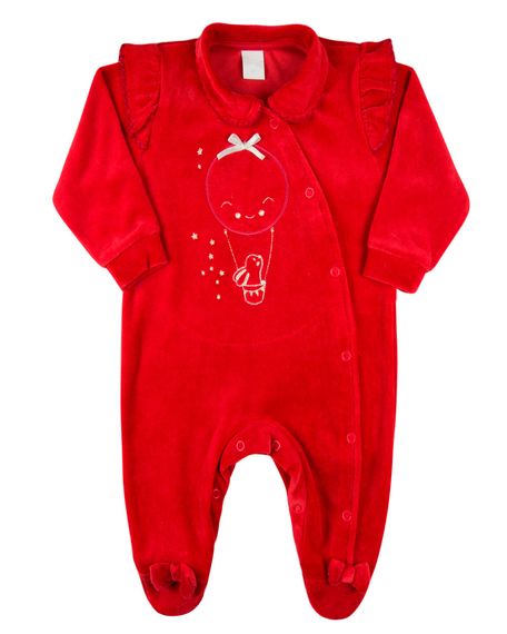 Macacao Bebe Plush Menina com Pezinho Bordado Coelhinha - Vermelho P