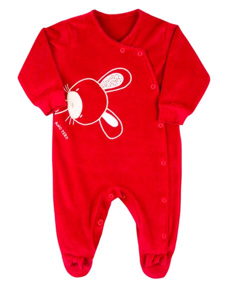 Macacão Bebê Menina Plush com Pezinho Bordado Coelhinha - Vermelho RN