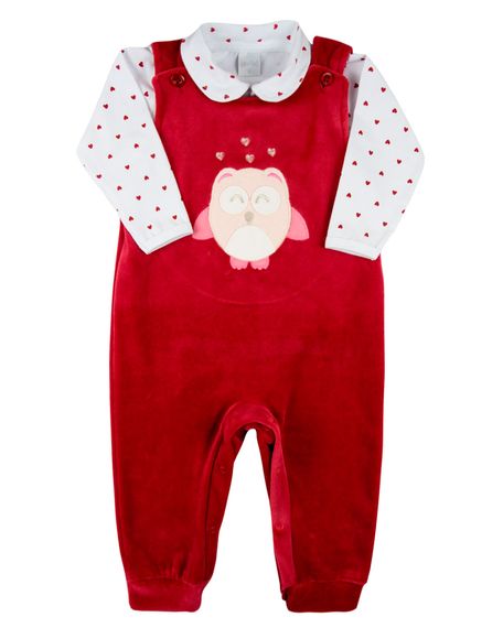 Macacao Bebe Menina Salopete Plush e Body Suedine Bordado Corujinha - Bordo GG