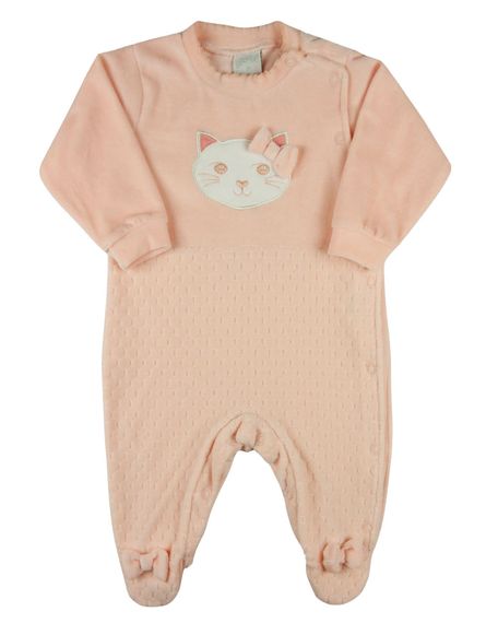 Macacao Bebe Menina Plush Liso e Trabalhado Bordado Gatinha - Rosa M