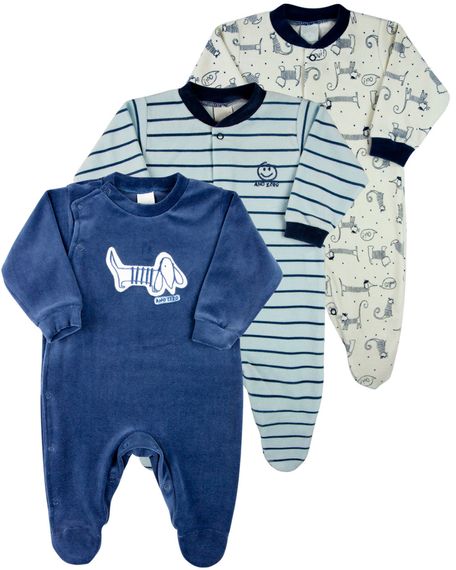 Macacao Bebe Menino Plush Estampado Liso e Listrado Kit Macacao Plush Menino Cachorros 3 Pecas - Azul RN