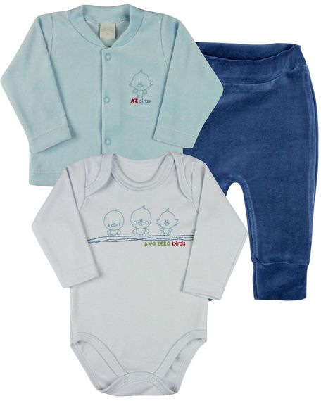 Conjunto Plush Bebe Menino Casaco Body e Culote Bordado Pintinhos - Azul RN