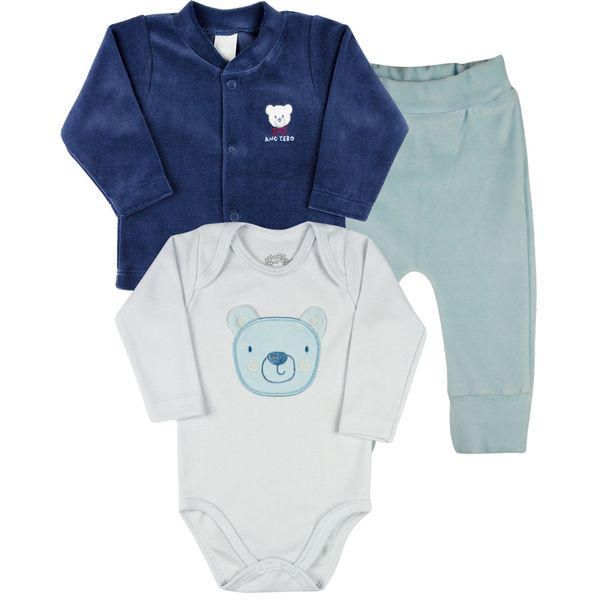 Conjunto Plush Bebe Menino Casaco Body e Culote Bordado Ursinho