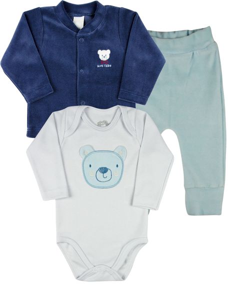 Conjunto Plush Bebe Menino Casaco Body e Culote Bordado Ursinho - Azul Jeans M