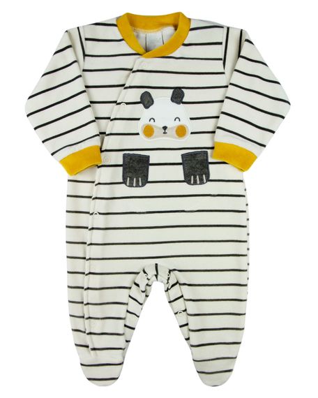 Macacao Bebe Menino Plush Listrado Bordado Ursinho com Patas Soltas - Grafite M