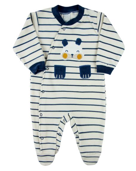 Macacao Bebe Menino Plush Listrado Bordado Ursinho com Patas Soltas - Azul Jeans G