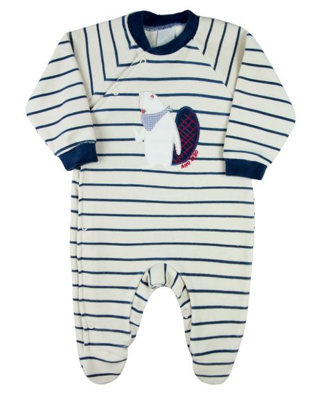 Macacao Bebe Menino Plush Listrado Bordado Marmota - Azul Jeans P