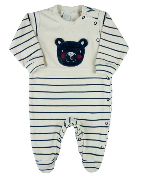 Macacao Bebe Menino Plush Listrado Bordado Ursinho - Azul Jeans RN